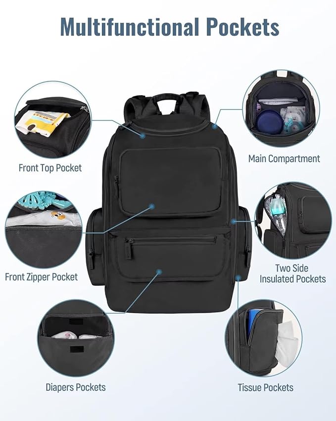 Mancro Diaper Bag Backpack, Multifunctional Dad Diaper Bag with 2 Side Insulated Pockets, Travel Water Resistant Baby Diaper Backpack for Men Women with Stroller Straps, Black