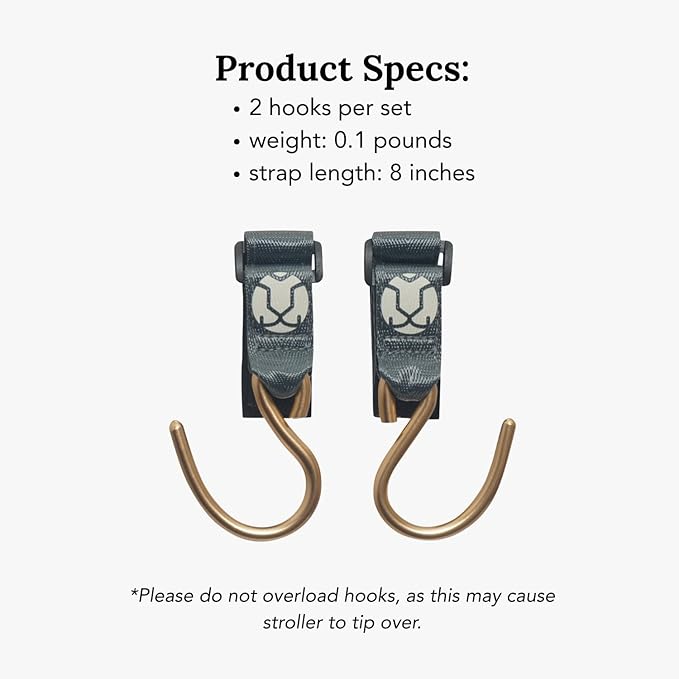 Huhu Essential Stroller Hooks - Lightweight Aluminum Stroller Bag Hook with Adjustable Straps, Matte Gold S-Hooks for Diaper Bag, Shopping, Everyday Essentials – Universal Fit Baby Stroller Accessory