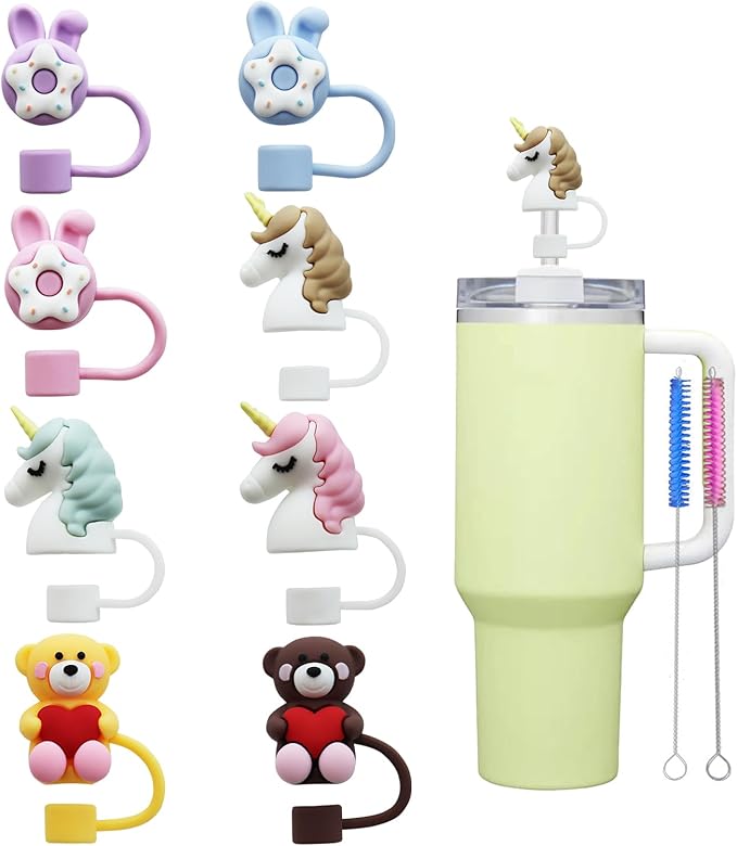 8Pcs Cute 10mm Animals Straw Covers Cap for Stanley Cup,Silicone Straw Toppers Compatible with Stanley 30&40 Oz Tumblers with Handle, Dust-Proof Reusable Lids Tumbler Cup Accessories