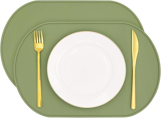 Silicone Placemat Set of 2, Heat Resistant Placemats for Dinning Table, Reusable Portable Kids Baby Placemats, Waterproof Stain-Proof Toddler Food Mats, Easy to Clean Silicone Mat Oval Placemat