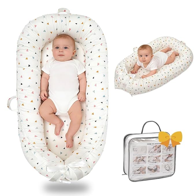 Baby Lounger-Breathable and Soft Organic 100% Cotton, Portable Infant Lounger with Removable Lounger Cover, Floor Lounger for Newborn - Triangle