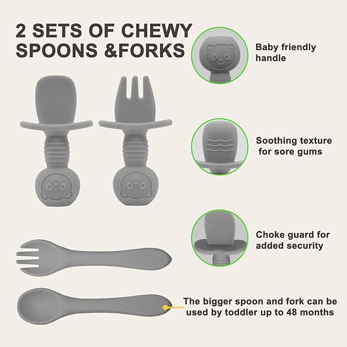 Munlinder Silicone Baby Feeding Set | Baby Led Weaning Supplies Includes Suction Bowls and Divided Plates, Adjustable Bib, Baby Utensils Spoons and Forks,Cup | Baby Feeding Essentials (Grey)