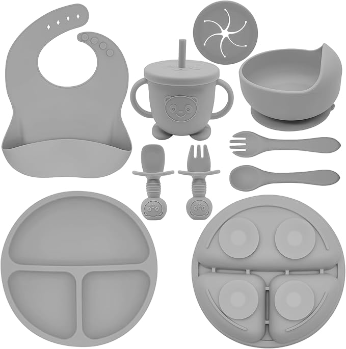 Munlinder Silicone Baby Feeding Set | Baby Led Weaning Supplies Includes Suction Bowls and Divided Plates, Adjustable Bib, Baby Utensils Spoons and Forks,Cup | Baby Feeding Essentials (Grey)