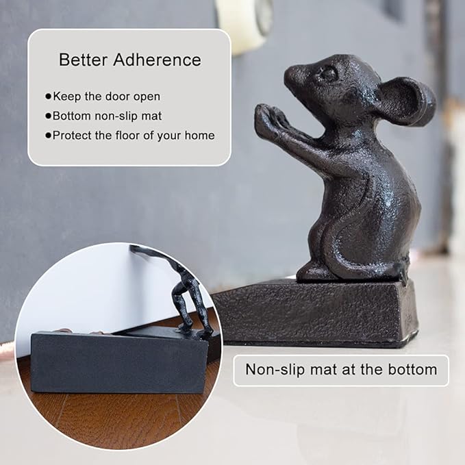 Earl Diamond Heavy Duty Cast Iron Cute Mouse Door Stops | Decorative Cute Animal Statue Metal Door Stopper Wedge, with Non-Slip Mat for Home Office Commercial
