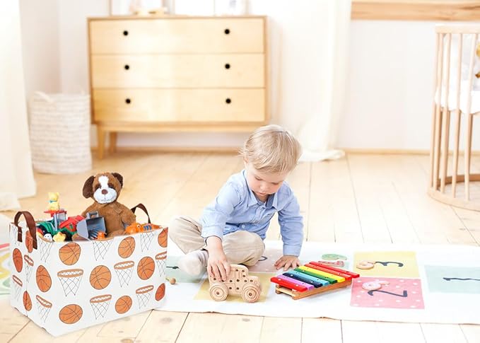 Sanjiaofen Rectangular Baketball Baskets,Kids Basket for Boy.Waterproof PE Coating Cute Basket with Handles.Boys Bin,Toys Box,Books Bins. (Basketball)