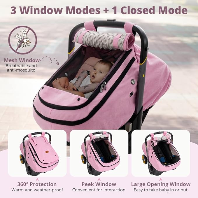 Bioby Waterproof Baby Car Seat Cover, Infant Car Seat Cover for Boy Girl, Roomy Cozy Windproof Sun Protection Baby Carseat Covers Canopy with Breathable Net and Holes, Universal Fitted, Pink