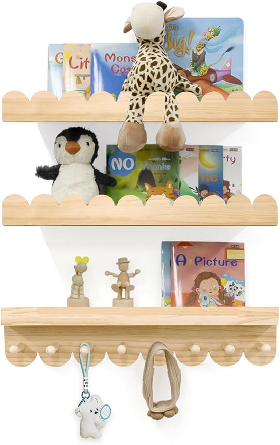Floating Nursery Book Shelves with Hooks-20Inches Scalloped Shelves for Bedroom Kids Set of 3, Nursery Bookshelf for Kids Room Decor, Natural, Large