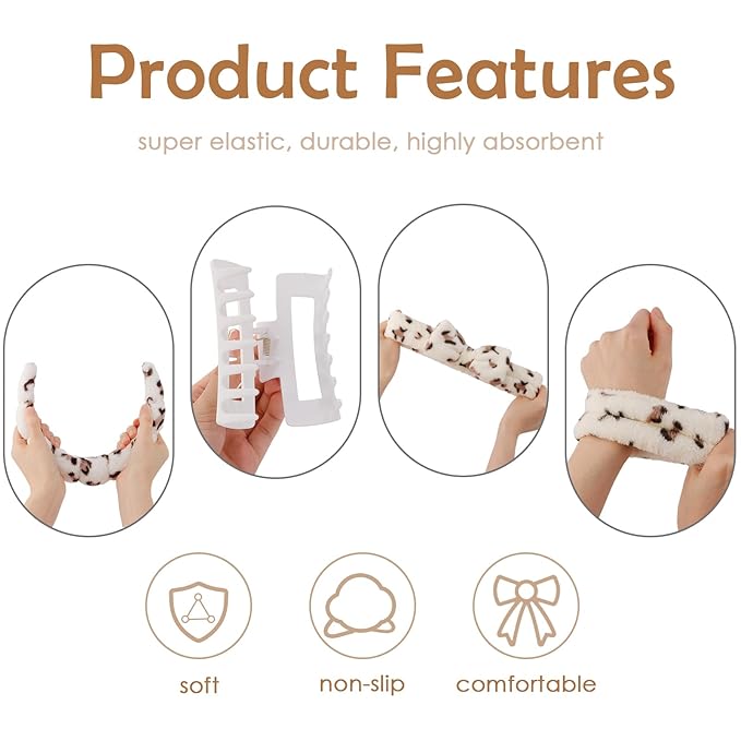 Canitor Spa Headband Wrist Bands with Hair Clips Leopard Print Makeup Skincare for Washing Face Skin Care Preppy Teen Girl Gifts Cute Trendy Stuff Hair Accessories for Women