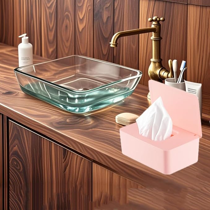 Wipes Dispenser with 2Pcs Portable Refillable Wipe Holder,Reusable Large Wipe Holder Box Flushable Wipes Case Bathroom Wipes Container for Pet Nursery Kitchen Office Counter(Pink)