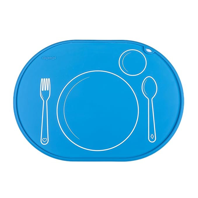 CHAMOS Silicone placemats for Toddlers - Montessori placemat for Round Table - Oval Kids placemats for Dining Table - Non Slip, Small, Educational placemats (Blue), 14.17x10.23 inch