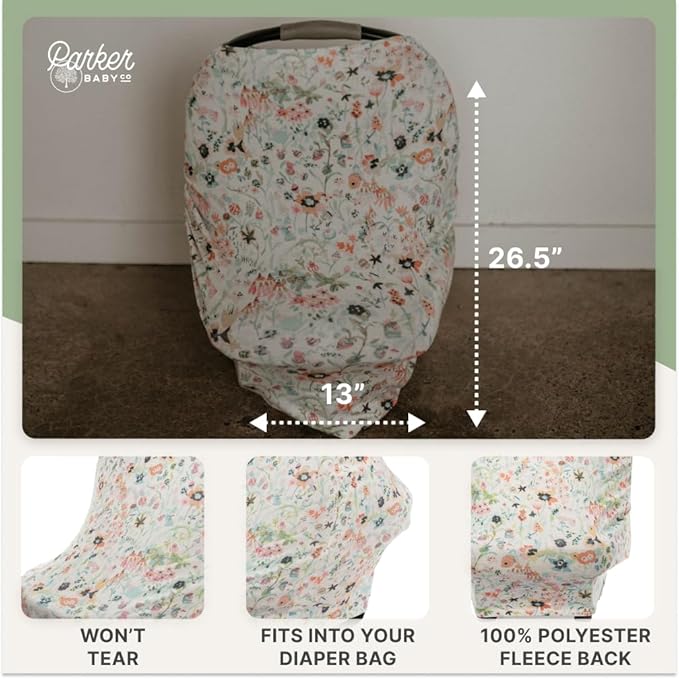 Parker Baby 4 in 1 Car Seat Cover for Girls - Stretchy Carseat Canopy, Nursing Cover, Grocery Cart Cover, High Chair Cover - Bloom