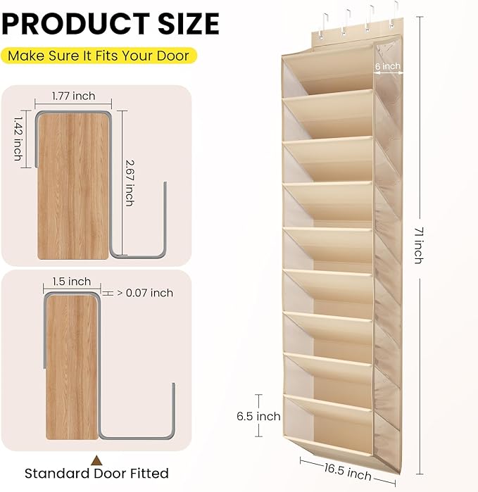 Mefirt 10 Tier Clear Over the Door Shoe Organizer with Deep Pockets, Door Shoes Rack with Hard Tube to Keep the Shape, Hanging Shoe Rack for Closet Organizers & Storage, Behind Door Shoe Holder Beige
