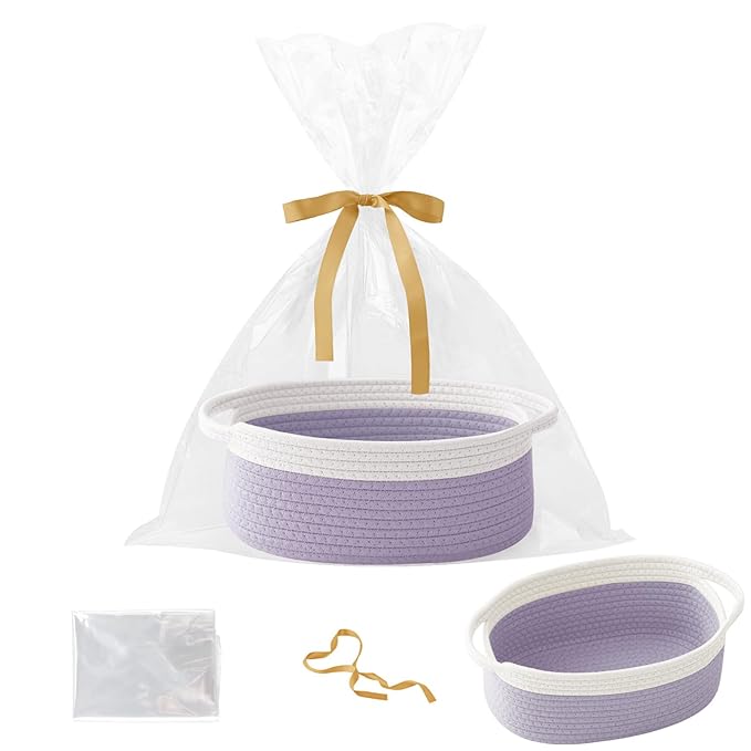 Small Woven Rope Basket-Empty Gifts Basket with Bag and Ribbons,Cute Handle Organizer Box for Birthday/Baby Shower, Toy Storage, Nursery Organizing & Shelf Decor(White&Purple)