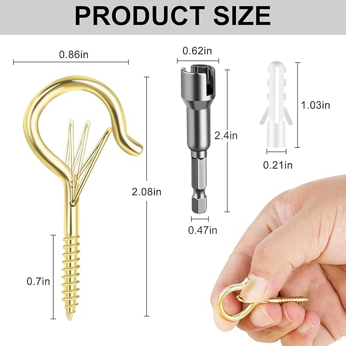 FSAH 36 PCS Q-Hanger Hooks, Screw Hooks for Outdoor String Lights, Safety Buckle Design Cup Eye Hook for Hanging Christmas Lights, Plants, Mounted on Wall Ceiling, Include 1 Wing Nut Driver, Gold