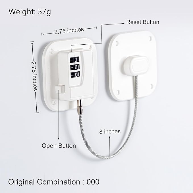 Refrigerator Lock, Heavy Duty Fridge Lock, Combination Lock for Refrigerator Cabinets, Drawers, Safety Lock, Easy Install No Keys Needed (White-4Pack)