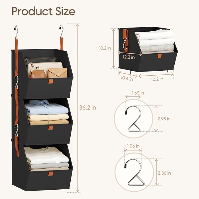 Collapsible Hanging Closet Organizer - 6 Tier Closet Shelves Storage System with Hooks, Fabric Hanging Storage Bins for Clothes, Foldable Storage Basket for Laundry, Bedroom, Rv, Black