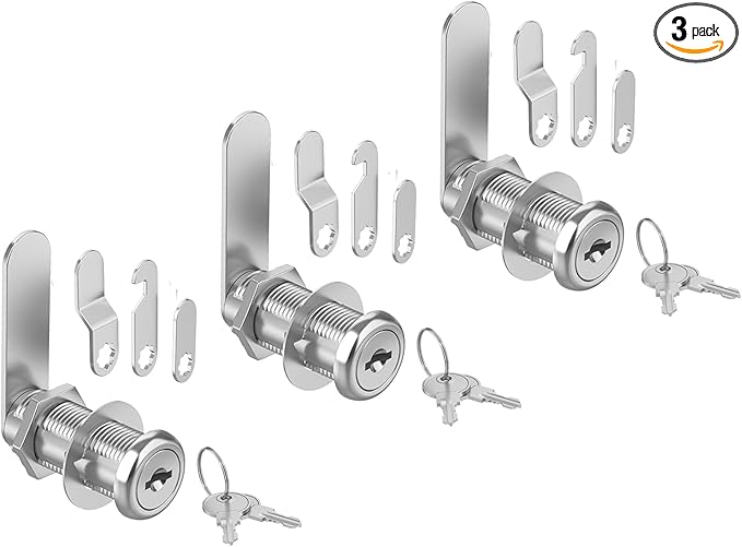 3 Pcs Cabinet Locks with Keys, 1-3/8'' Cam Lock Keyed Alike Fit 1-1/8'' Max Panel, Mailbox Lock with Keys Secure Drawer RV Storage Locks, Zinc Alloy