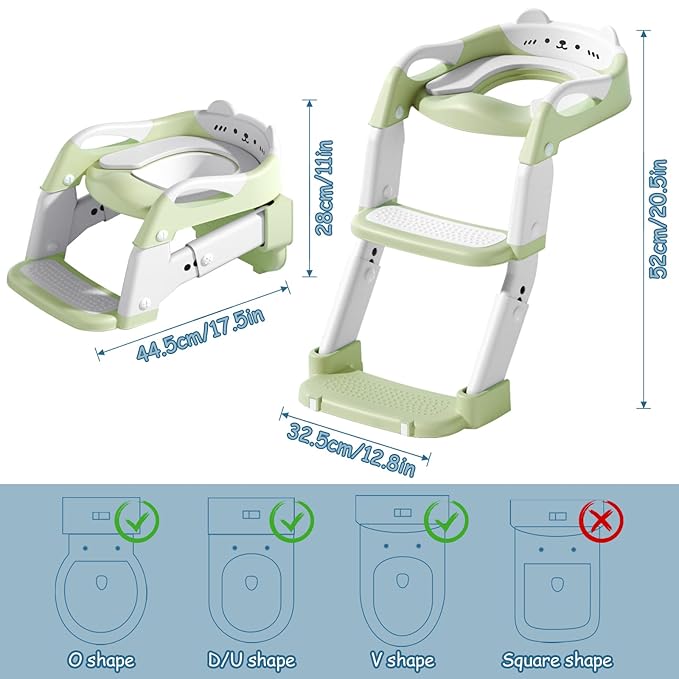 3-in-1 Baby Potty Training Seat with 2 Step Ladder, Splash Guard Anti-Slip Pad, Height Adjustable Toddler Toilet Seat with Soft Cushion for Kids Boys Girls(Green)