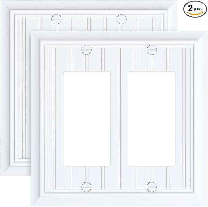 2-Pack Classic Beadboard Decorative Double Decorator Outlet Cover Plate, Pure White Durable Natural Bamboo Fiber Wall Plates for Electrical Outlets, Receptacle, GFCI Outlet, Dimmer Switch, 2-Gang