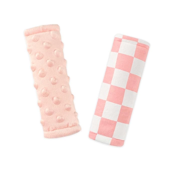 DILIMI Baby Car Seat Belt Covers, 2Pcs Carseat Shoulder Strap Pads, Soft Minky Car Seat Neck Covers, Newborn Car Seat Strap Protectors, Stroller Strap Covers for Baby Kids, Pink Checkered