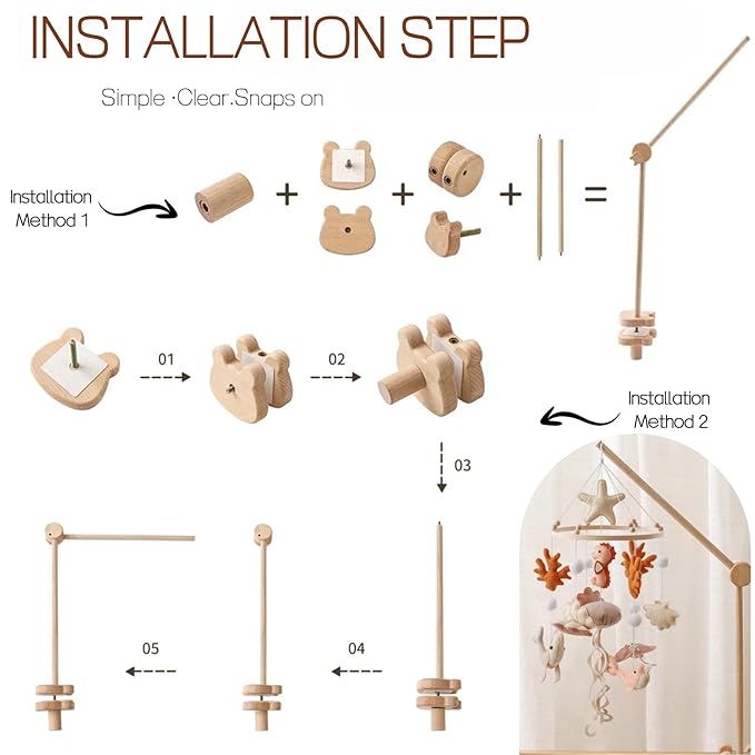 Baby Crib Mobile Arm,Desktop Installable Bear Wooden Crib Baby Holder,Thickened Bear Nursery Decor Attachment,Safe Anti Slip Adjustable Height