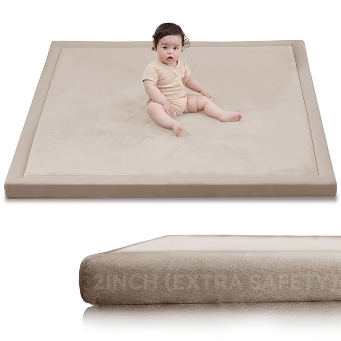 Huloo Sleep 2" Thick Extra Safety Baby Play Mat for Floor,Ultra Soft Elasti-Foam 50x50 Playpen Mat for Toddlers Infant Kids,Non-Slip Backing Safe for Crawling&Tummy Time,Tatami Style (Beige)