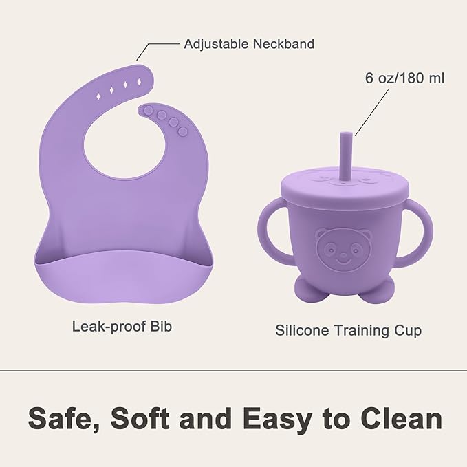 Munlinder Silicone Baby Feeding Set | Baby Led Weaning Supplies Includes Suction Bowls and Divided Plates, Adjustable Bib, Baby Utensils Spoons and Forks,Cup | Baby Feeding Essentials (Purple)