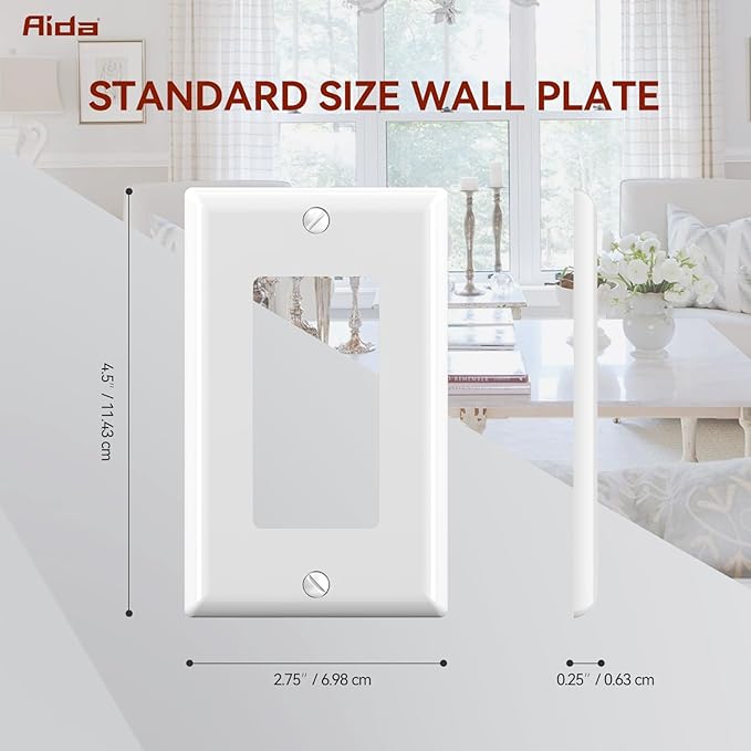 AIDA 1-Gang Decorative Receptacle Wall Plate,Standard Size Decorator Covers, Unbreakable Polycarbonate Faceplates for Decorator Device, UL Listed, Screws Included (1 Pack, Glossy White)
