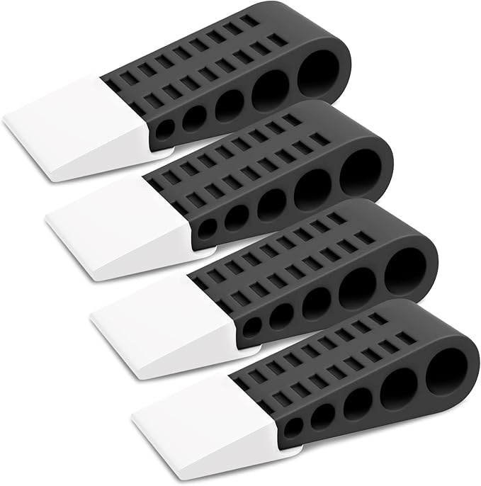 Rubber Door Stoppers for Bottom of Door - 4 Pack Door Stop Wedge with Holder Heavy Duty Doorstop for Home Office Dorm Classroom Garage Stackable on Multi Floor Carpet Concrete Tile Linoleum & Wood