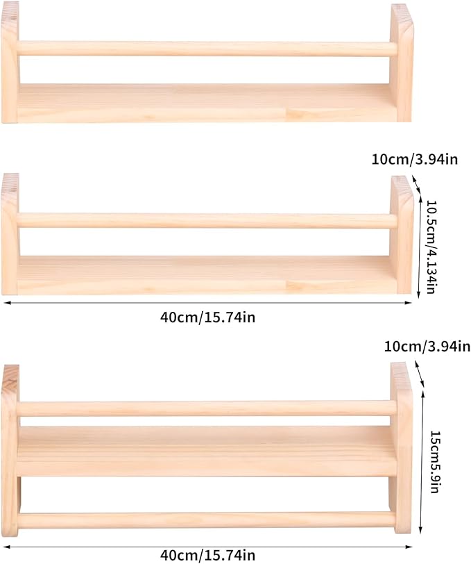 Wall mounted multifunctional storage rack, natural pine kindergarten bookshelf, furniture decoration rack, children's room floating bookshelf, bathroom, kitchen seasoning bracket (3-piece set)