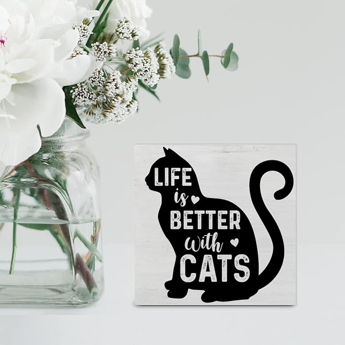 Life is Better with Cats Wood Box Sign Decor Desk Sign Cat Quote Wooden Box Block Sign Rustic Home Shelf Wall Decoration