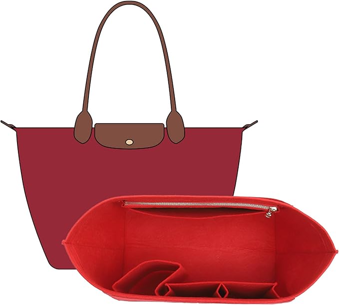 Premium Felt Purse Organizer Insert Compatible with Longchamp Le Pliage Large, Zipper Lightweight Long Champ Bag Organizer Insert with Cup Holder, 8 Compartments (Red,L)