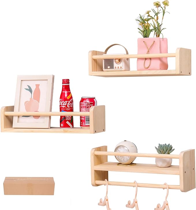 Wall mounted multifunctional storage rack, natural pine kindergarten bookshelf, furniture decoration rack, children's room floating bookshelf, bathroom, kitchen seasoning bracket (3-piece set)