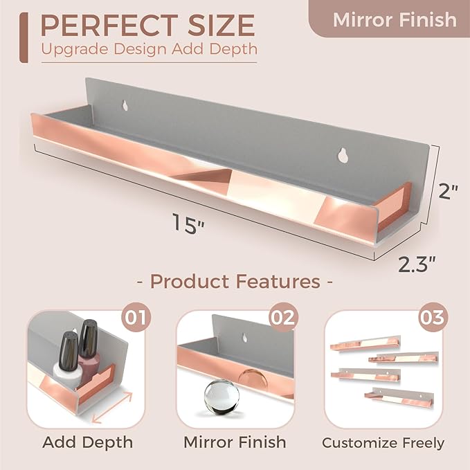 RORKIM 4 Pack 15 Inch Rose Gold Reflective Acrylic Shelves, Rose Gold Floating Shelves, Modern Sunglasses Essential Oil Picture Ledge Display Toy Storage Shelf