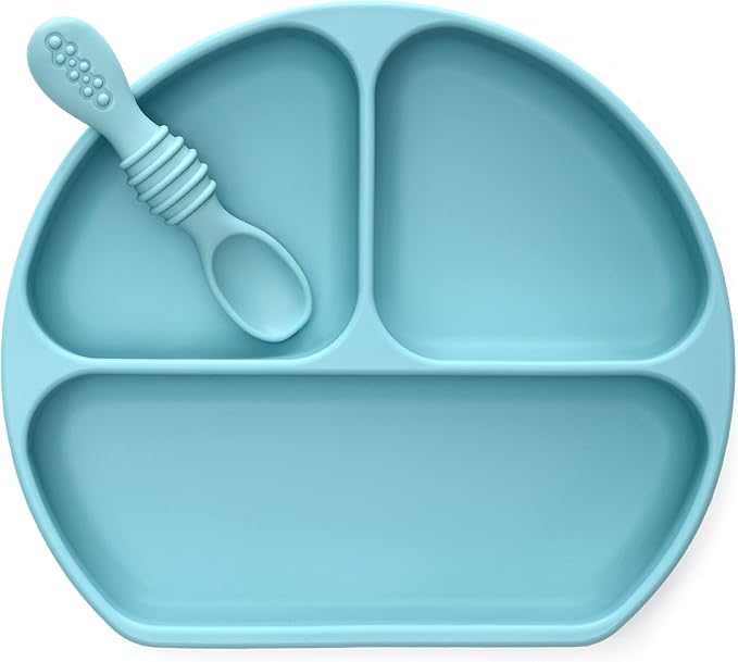 PrimaStella Unbreakable Silicone Non-Slip Baby & Toddler Plate and Spoon Feeding Set - Pacific Blue