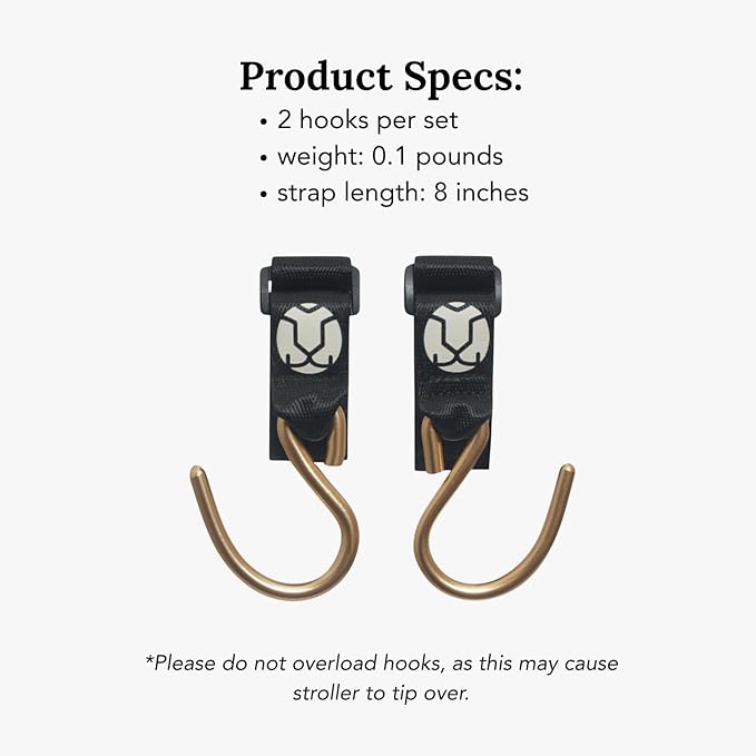 Huhu Essential Stroller Hooks - Lightweight Aluminum Stroller Bag Hook with Adjustable Straps, Matte Gold S-Hooks for Diaper Bag, Shopping, Everyday Essentials – Universal Fit Baby Stroller Accessory