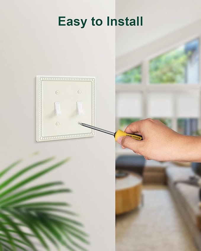 2-Pack Double Toggle Light Switch Cover Plate, Pearls Decorative Dual Switch Plate Covers, Light Almond 2 Gang Metal Wall Plate, Corrosion Resistant