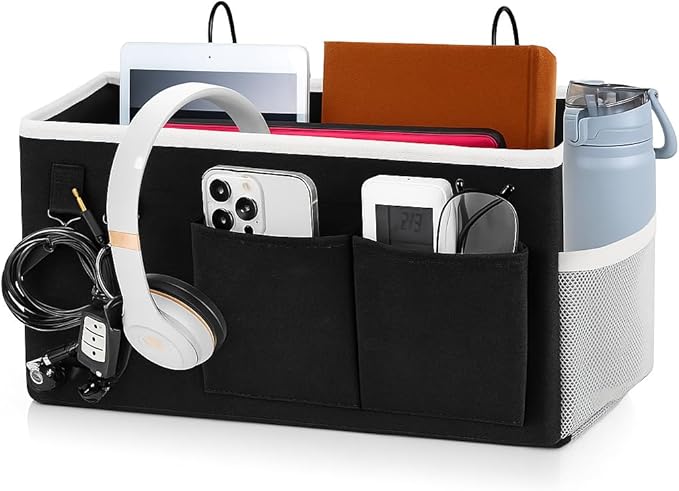Bedside Caddy Organizer Hanging Storage Bag with Pockets for Books, Magazines, Phone, Tablet & Water Bottle – Bedside Storage for Dorm, Bunk Beds, Hospital Beds & Cribs, Black
