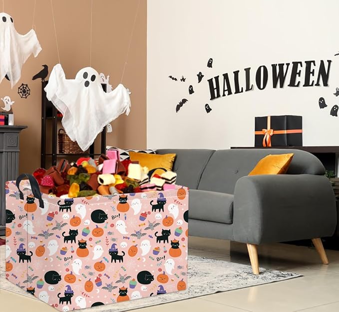 TIBAOLOVER Rectangular Halloween Basket for Kids Cute Pumpkin Basket Storage Bin Organizer Box Room Decor for Halloween Parties(Pink Ghost)