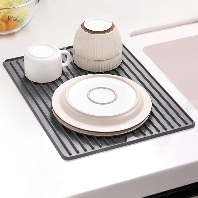 Dish Drying Mat, Flexible Silicone Drying Mat for Kitchen Counter, Heat Resistant Silicone Trivet for Countertop Protector, Super Thick Non-Slip Dish Drying Pad for Under Rack, 12” x 16”