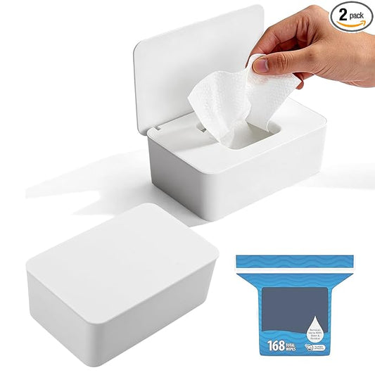 2 Pack Wipes Dispenser Compatible with Cottonelle Refill Pack, Flushable Wet Wipes Container, Wipe Holder with Lid to Keep Wipes Fresh, Refillable Wipe Case, Dust-Proof & Non-Slip