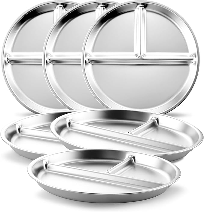 Bakpoco Stainless Steel Kids Plates 6 Packs, 8" Divided Toddlers Portion Control Plate, Non Toxic & BPA Free |Unbreakable |Dishwasher Safe Baby Snack Dish for Daycare, Restaurant Outings & Travel