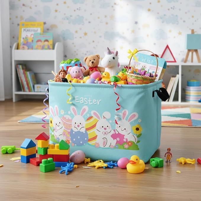 TIBAOLOVER Rectangular Easter Basket Easter Basket for Kids Baby Storage Basket Cute Toy Storage Bin Organizer Shelf Book Basket Easter Room Decor(Cartoon Easter Basket)