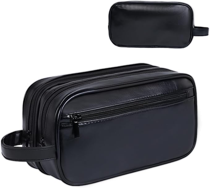 Mens travel toiletry bag, Gift For Men，PU Leather Water Resistant Cosmetic Bag Dopp Kit Shaving Pouch with Large Capacity for Toiletries Accessories(Black)