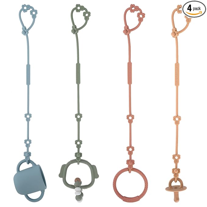 Toy Safety Straps, Silicone Pacifier Clips, Adjustable Stretchable Sippy Cup Straps for Strollers, High Chair, Cribs, Hanging Baskets, Car Seat, Shopping Trolley, 4 Pack, (Ether+Sage+Muted+Apricot)