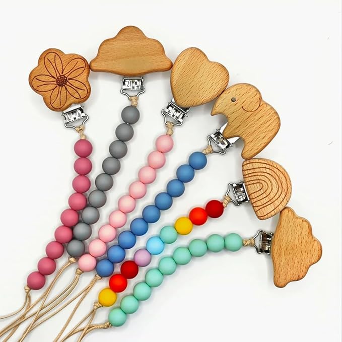 Wood Paci Clips 2 Pack for Baby Girl & Boy, Premium Flexible Bead Design, Universal Fit, Safe Pacifier Holder