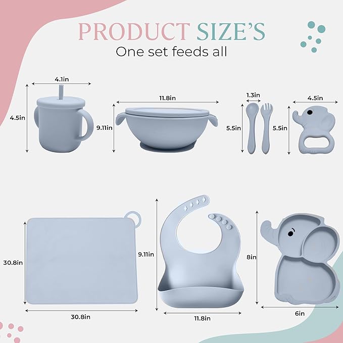 SiliAnimal Elephant-Themed Silicone Baby Feeding Set - Includes Suction Mat, Bibs, Spoons, and Bowls - Perfect for Baby-Led Weaning