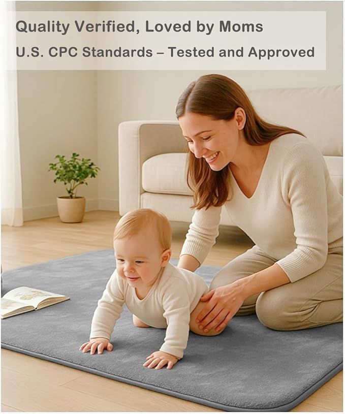 Thick Padded Baby Floor Play Mat 1.2" Cushioned Velvet Surface Non Slip Bottom High Density Foam Safe and Soft Floor Mat for Infants Toddlers and Playpen Use (Gray, 79X71)