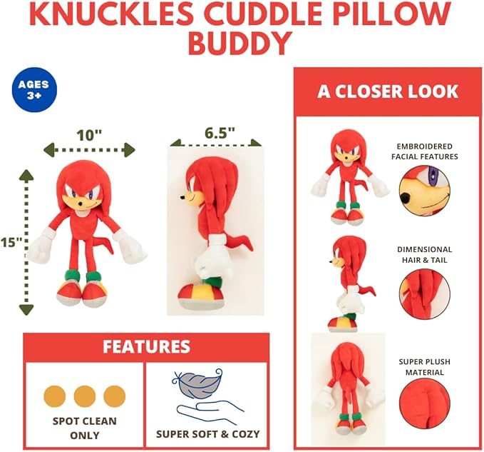 Sonic The Hedgehog Anime Knuckles The Echidna Kids Plush Cuddly Cuddle Pillow, Super Soft & Cozy, 18.50" Tall, (Officially Licensed Product) by Franco