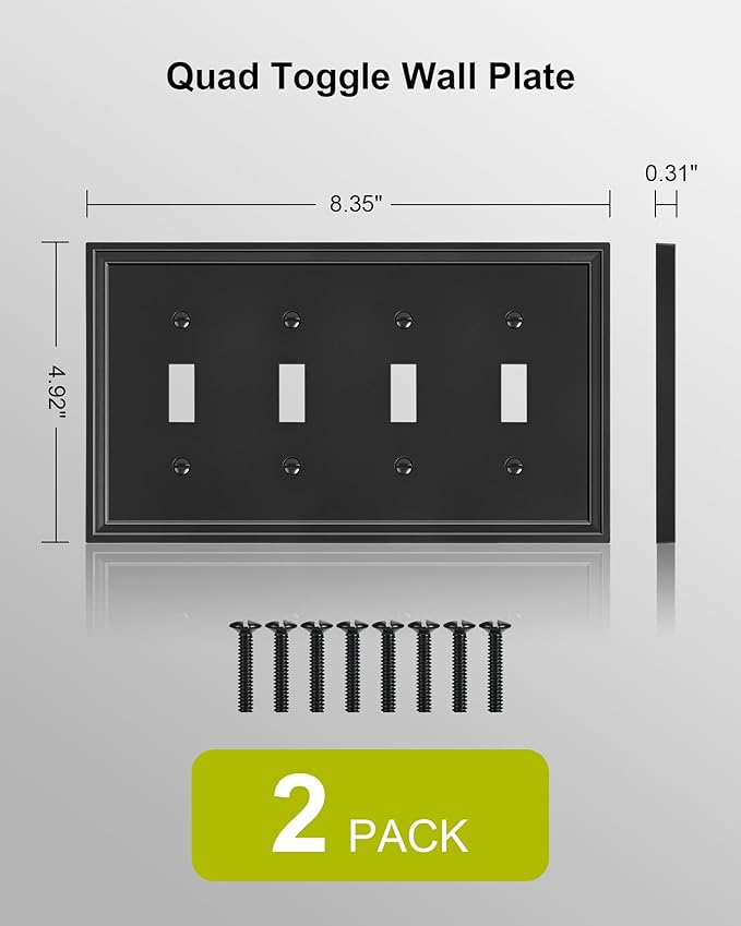 2-Pack Quad Toggle Light Switch Cover Plate, Black Decorative Switch Plate Covers, Natural Bamboo Fiber 4 Gang Wall Plate, Corrosion Resistant